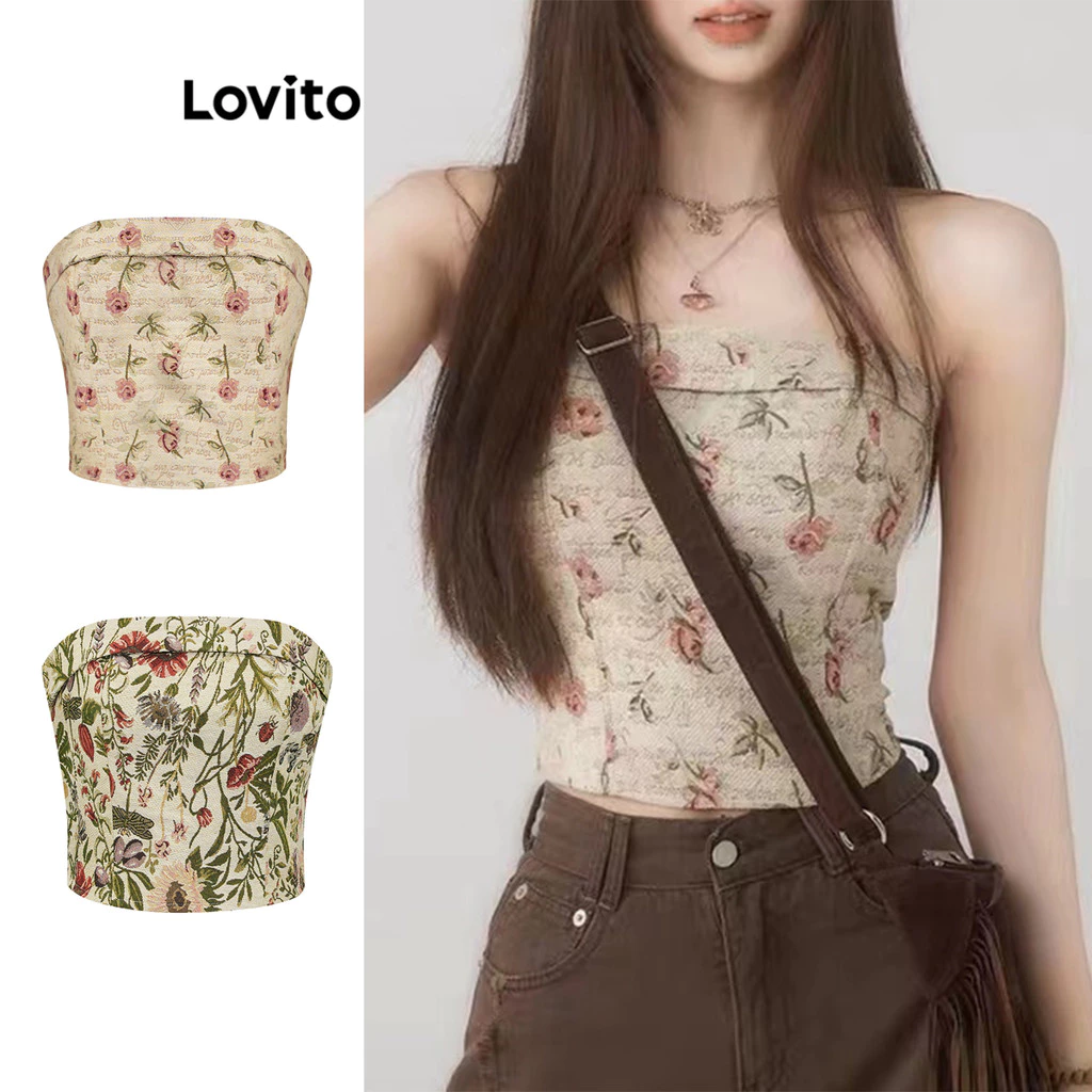 Lovito เสื้อกล้ามวินเทจ ลายดอกไม้ สำหรับสตรี & เสื้อสายเดี่ยว L45AD031