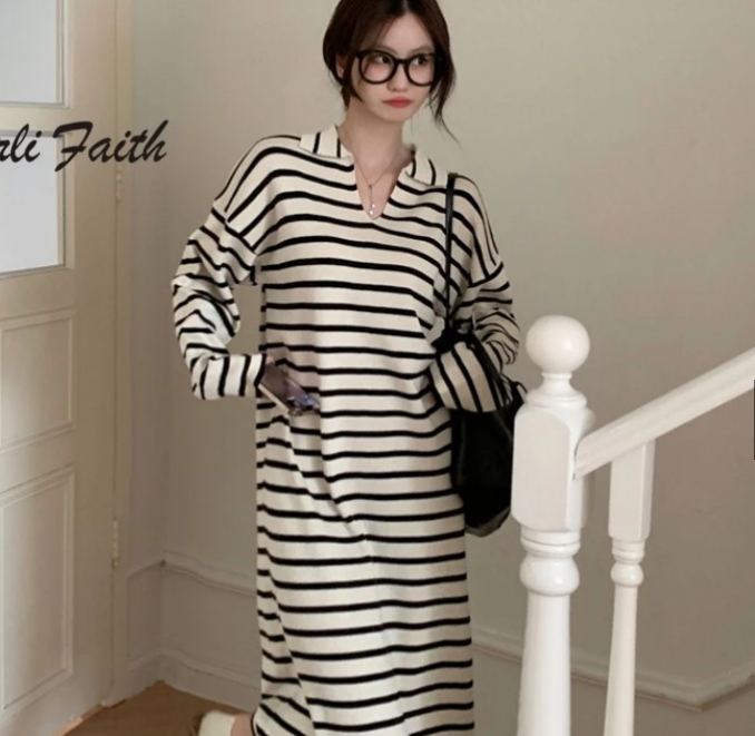 Orlifaith ผู้หญิง Midi Dress 2024 Contrast Color Stripes V คอยาวแขนยาวหลวม Fit ชุดถัก